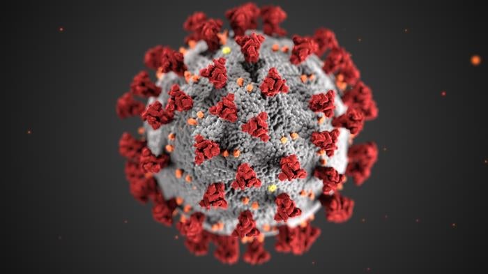 Photograph of a COVID virus, spherical with red spikes