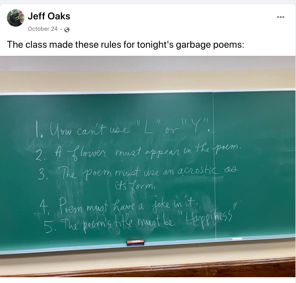 Chalkboard with poetry requirements on it, from Jeff Oaks's Facebook feed