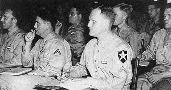 A photo of soldiers attending class. 