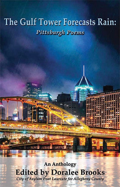 Cover to The Gulf Tower Forecasts Rain is a night photo of downtown Pittsburgh, with the Gulf Tower lit blue against a blue-purple sky