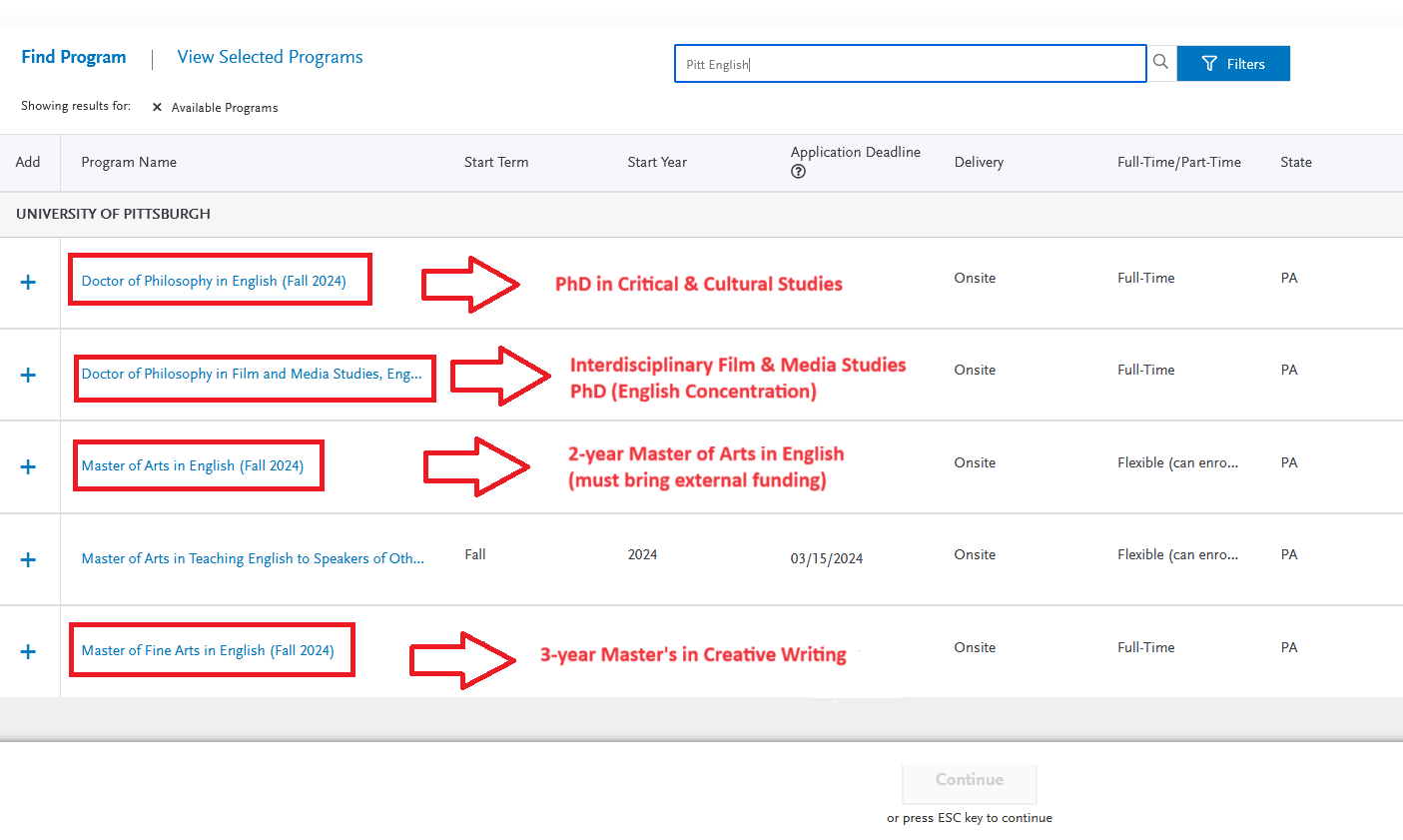 An image of the search screen in the "Add program" tab of GradCAS. A search bar at the top right corner shows a search with the keywords "Pitt English". A list of University of Pittsburgh graduate programs with "English" in the program name appear in the results underneath, including "Doctor of Philosophy in English," "Doctor of Philosophy in Film and Media Studies, English," "Master of Arts in English," and "Master of Fine Arts in English." A red arrow stands next to each program name, indicating which program name to select to apply to a particular program. Those applying to the PhD in Critical & Cultural Studies should select "Doctor of Philosophy in English." Those applying for the Interdisciplinary Film & Media Studies PhD with an English concentration should select "Doctor of Philosophy in Film and Media Studies, English." Those applying for the 2-year Master of Arts program should select, "Master of Arts in English." Those applying for the Master of Fine Arts in Creative Writing should select, "Master of Fine Arts in English."