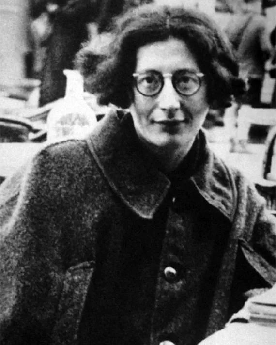 Black and white photo of Simone Weil, short dark hair, white skin, dark glasses