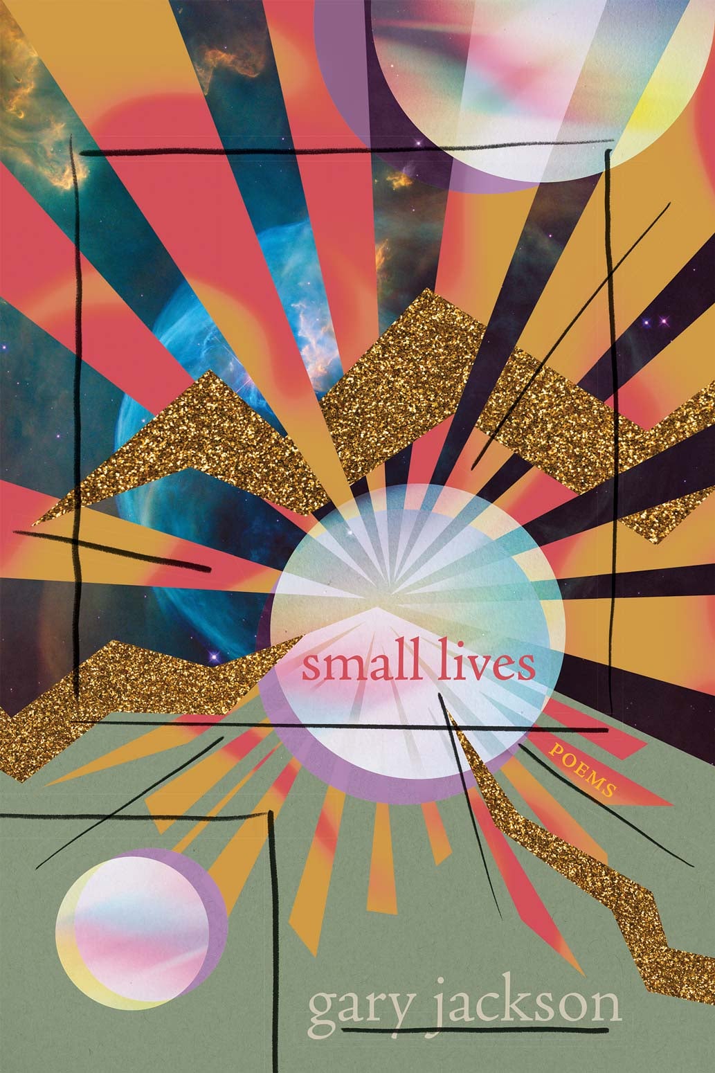 Cover of book small lives, abstract design of red-gold rays with a blue planet behind them