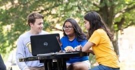 Students working on laptops outside